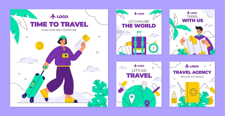 Vector gratuito colección plana de publicaciones de instagram para agencia de viajes