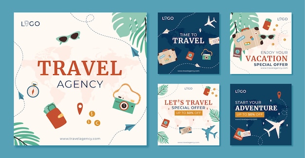 Vector gratuito colección plana de publicaciones de instagram para agencia de viajes