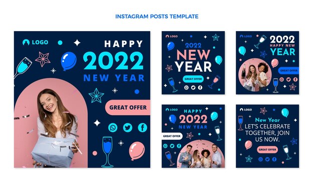 Colección plana de publicaciones de instagram de año nuevo