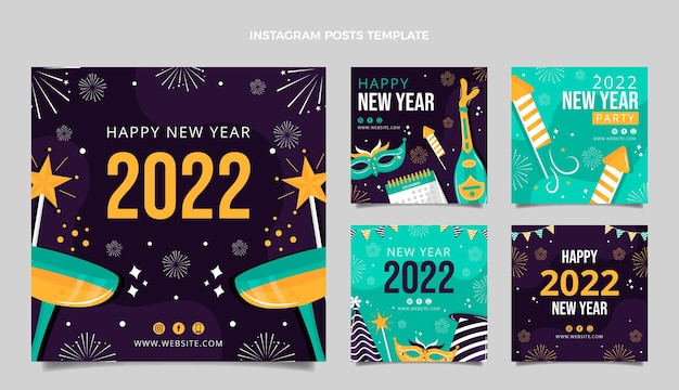 Vector gratuito colección plana de publicaciones de instagram de año nuevo