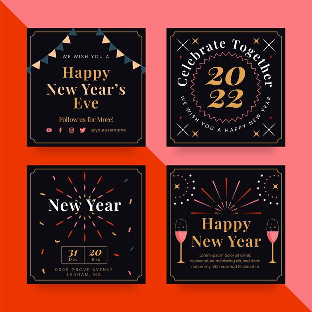 Colección plana de publicaciones de instagram de año nuevo