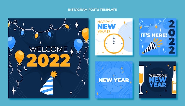 Vector gratuito colección plana de publicaciones de instagram de año nuevo