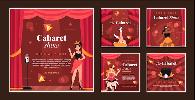 Vector gratuito colección plana de publicaciones de instagram de cabaret