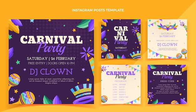 Colección plana de publicaciones de instagram de carnaval