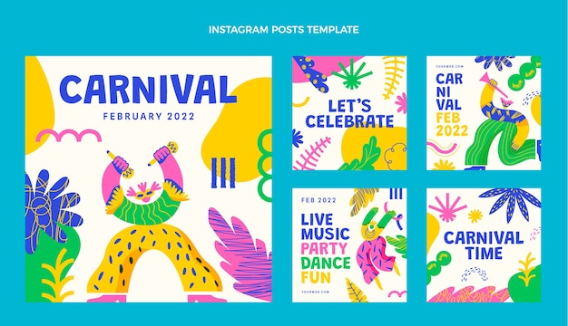Colección plana de publicaciones de instagram de carnaval