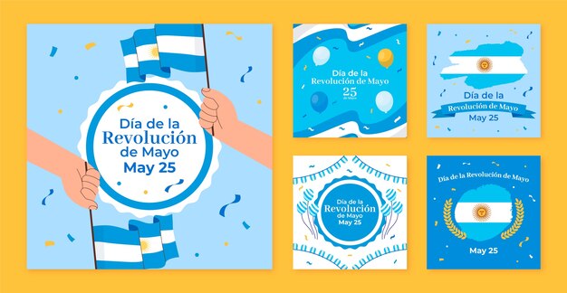 Colección plana de publicaciones de instagram de celebración del 25 de mayo