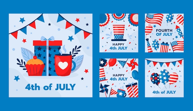 Vector gratuito colección plana de publicaciones de instagram para la celebración americana del 4 de julio