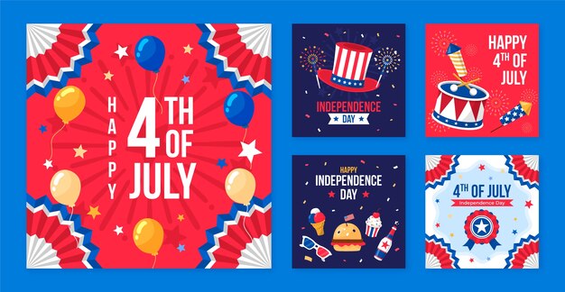 Colección plana de publicaciones de instagram para la celebración americana del 4 de julio