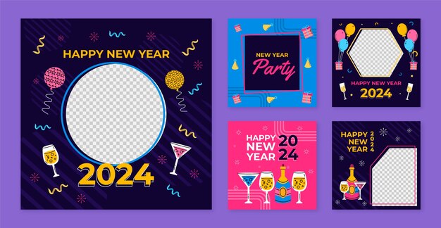 Colección plana de publicaciones de instagram para la celebración del año nuevo 2024
