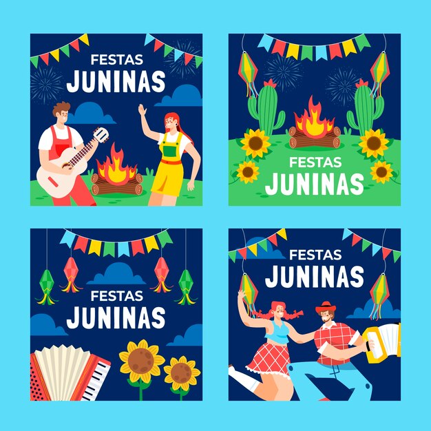 Colección plana de publicaciones de instagram para la celebración brasileña de festas juninas