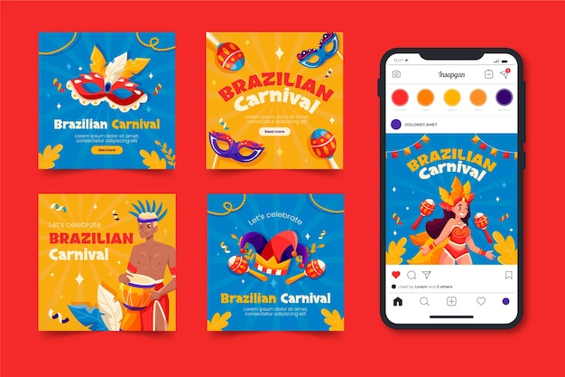 Colección plana de publicaciones de instagram de celebración del carnaval brasileño