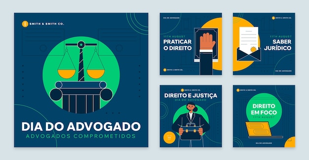 Vector gratuito colección plana de publicaciones de instagram para la celebración del día del abogado brasileño