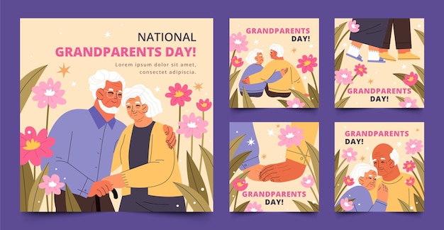 Vector gratuito colección plana de publicaciones de instagram para la celebración del día de los abuelos