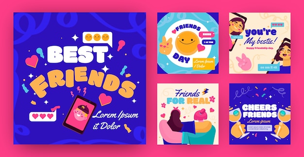 Vector gratuito colección plana de publicaciones de instagram para la celebración del día de la amistad