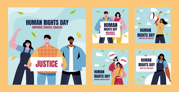 Colección plana de publicaciones de instagram para la celebración del día de los derechos humanos.