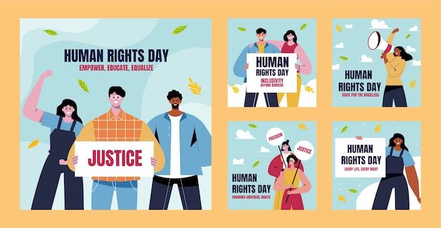 Colección plana de publicaciones de instagram para la celebración del día de los derechos humanos.