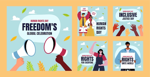 Vector gratuito colección plana de publicaciones de instagram para la celebración del día de los derechos humanos.