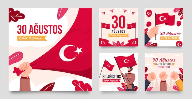 Vector gratuito colección plana de publicaciones de instagram para la celebración del día de las fuerzas armadas turcas