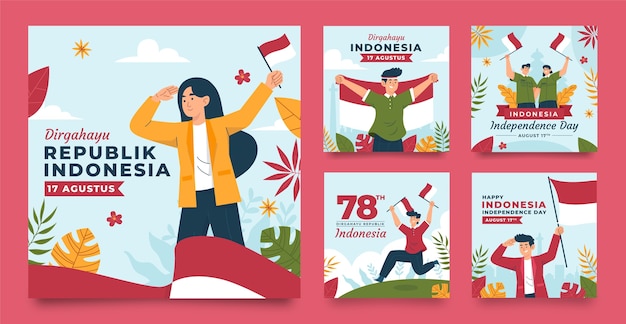 Colección plana de publicaciones de instagram para la celebración del día de la independencia de indonesia