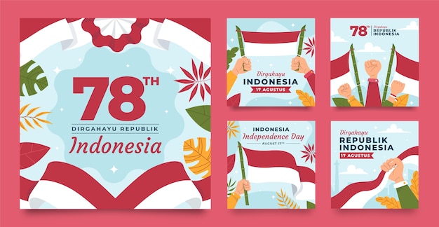 Vector gratuito colección plana de publicaciones de instagram para la celebración del día de la independencia de indonesia