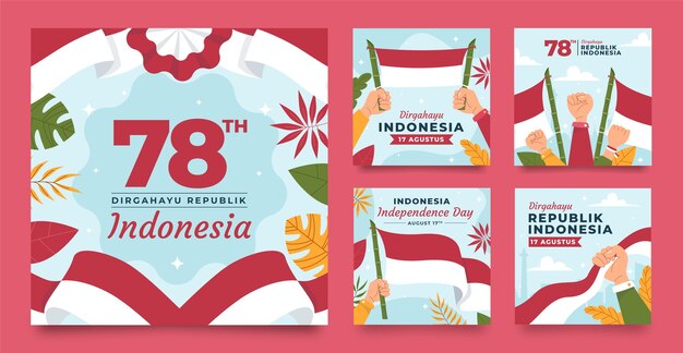 Colección plana de publicaciones de instagram para la celebración del día de la independencia de indonesia
