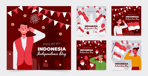 Colección plana de publicaciones de instagram para la celebración del día de la independencia de indonesia