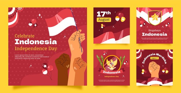 Colección plana de publicaciones de instagram para la celebración del día de la independencia de indonesia