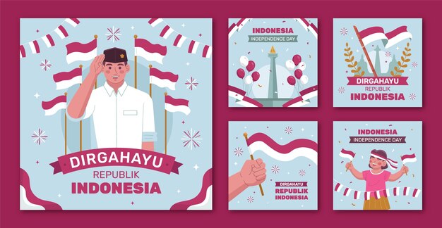 Colección plana de publicaciones de instagram para la celebración del día de la independencia de indonesia