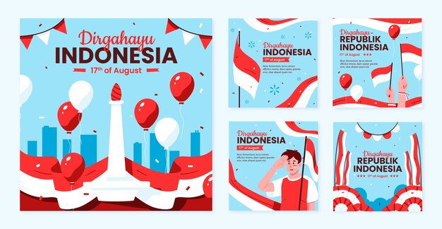 Colección plana de publicaciones de instagram para la celebración del día de la independencia de indonesia