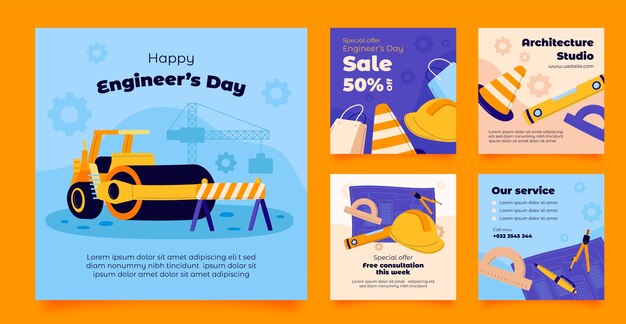 Colección plana de publicaciones de instagram para la celebración del día de los ingenieros