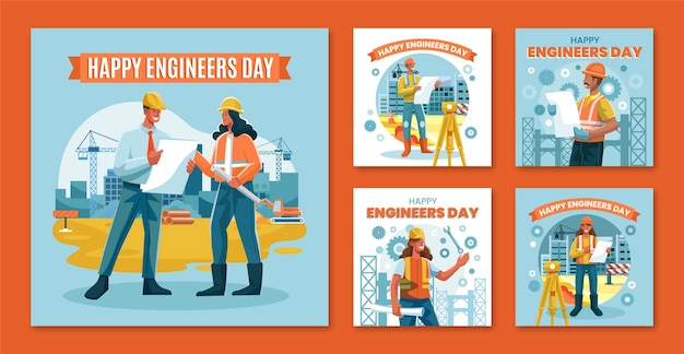 Vector gratuito colección plana de publicaciones de instagram para la celebración del día de los ingenieros