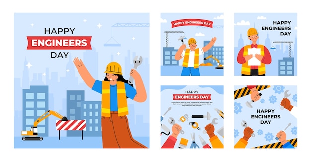 Vector gratuito colección plana de publicaciones de instagram para la celebración del día de los ingenieros