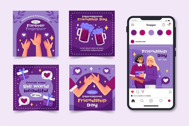 Vector gratuito colección plana de publicaciones de instagram para la celebración del día internacional de la amistad