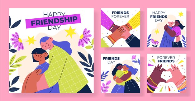 Colección plana de publicaciones de instagram para la celebración del día internacional de la amistad
