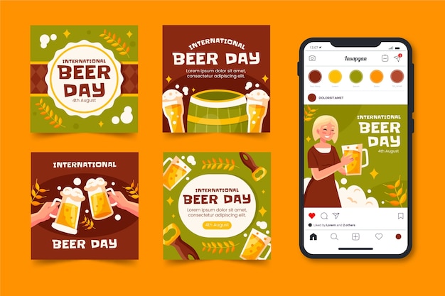 Colección plana de publicaciones de instagram para la celebración del día internacional de la cerveza