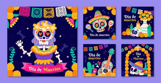 Colección plana de publicaciones de instagram para la celebración del dia de muertos