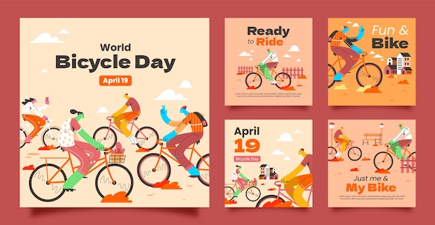 Vector gratuito colección plana de publicaciones de instagram para la celebración del día mundial de la bicicleta