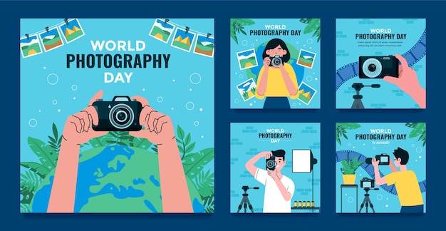 Colección plana de publicaciones de instagram para la celebración del día mundial de la fotografía