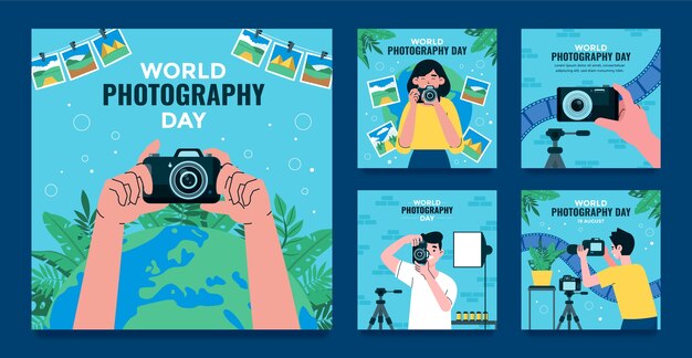 Colección plana de publicaciones de instagram para la celebración del día mundial de la fotografía