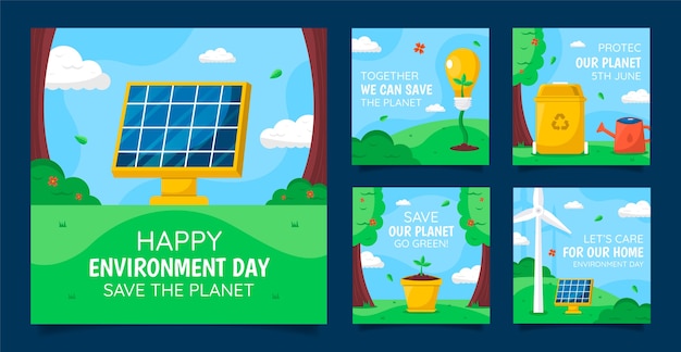 Colección plana de publicaciones de instagram para la celebración del día mundial del medio ambiente