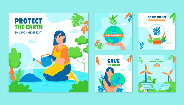 Vector gratuito colección plana de publicaciones de instagram para la celebración del día mundial del medio ambiente