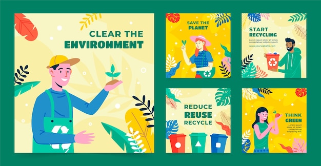 Vector gratuito colección plana de publicaciones de instagram para la celebración del día mundial del medio ambiente