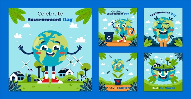 Vector gratuito colección plana de publicaciones de instagram para la celebración del día mundial del medio ambiente