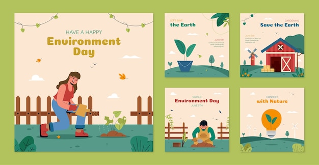 Vector gratuito colección plana de publicaciones de instagram para la celebración del día mundial del medio ambiente