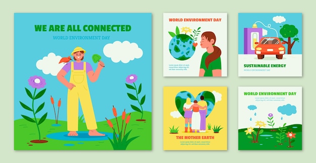 Colección plana de publicaciones de instagram para la celebración del día mundial del medio ambiente