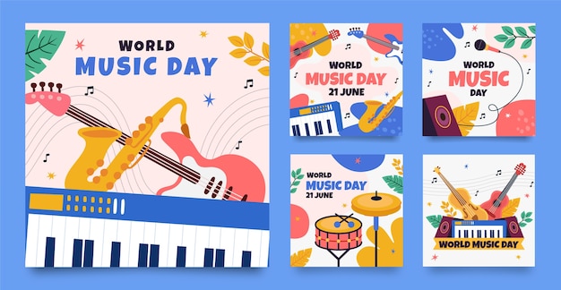 Vector gratuito colección plana de publicaciones de instagram para la celebración del día mundial de la música