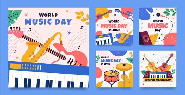 Colección plana de publicaciones de instagram para la celebración del día mundial de la música