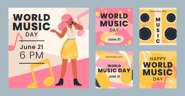 Colección plana de publicaciones de instagram para la celebración del día mundial de la música