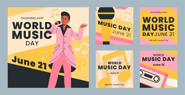 Colección plana de publicaciones de instagram para la celebración del día mundial de la música