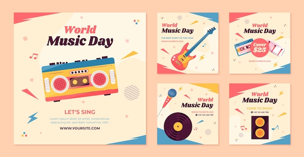 Vector gratuito colección plana de publicaciones de instagram para la celebración del día mundial de la música